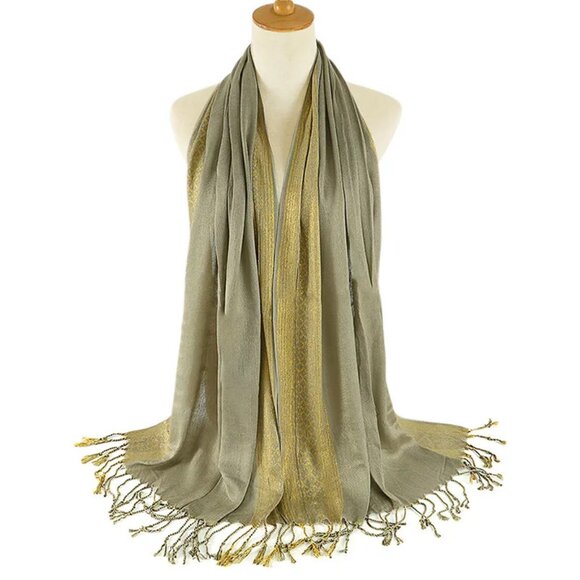 2/$30 Khaki Fringed Scarf Tassel Large Wrap Neck Head Scarf Hair Shoulders Shawl - Picture 1 of 5